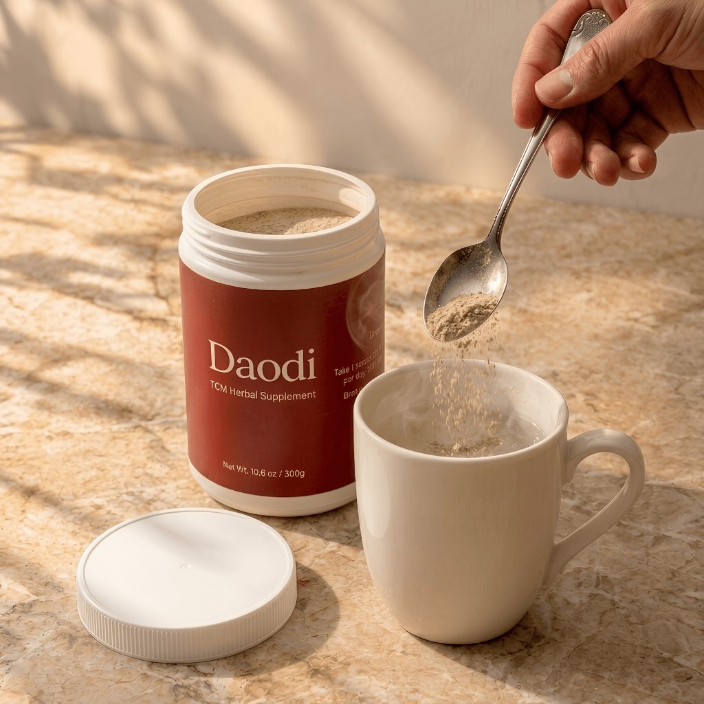 A hand adding Daodi herbal granules to a mug of hot water